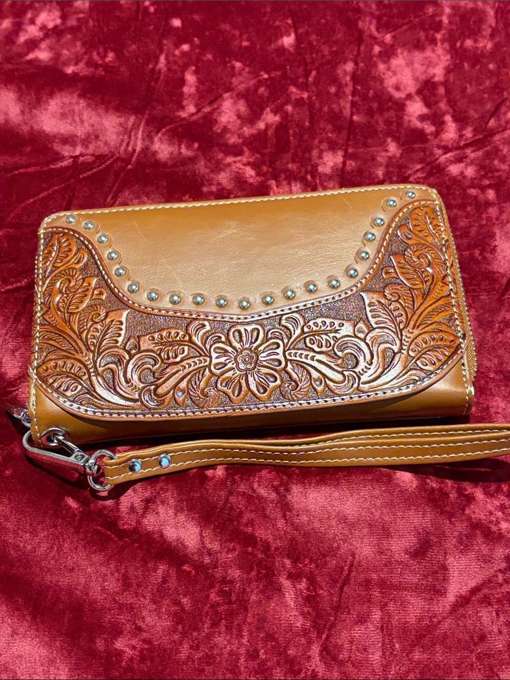 Montana West Embossed Floral Faux Leather Wristlet Wallet - Tan